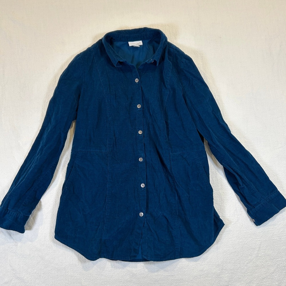 J. Jill Corduroy Button Down Shirt Teal Blue Cotton Long Sleeve Pockets Petite S